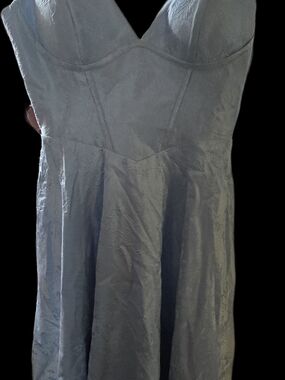 Satin-Look V-Neck Dress With Pockets in Steel Blue